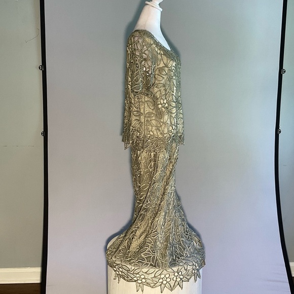 Silken Poetry Sage Green XL 2 Piece Mother of the Bride Dress Crocheted Beaded - Picture 9 of 16